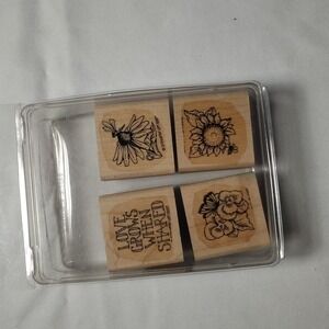Vintage Stampin Up Wood Mount Stamps Love Grows 1997 Retired 4 Pieces Floral